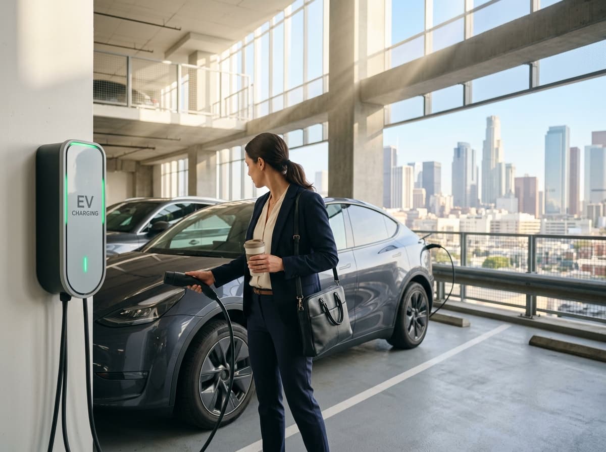 EV plugged in at an office parking structure in the morning