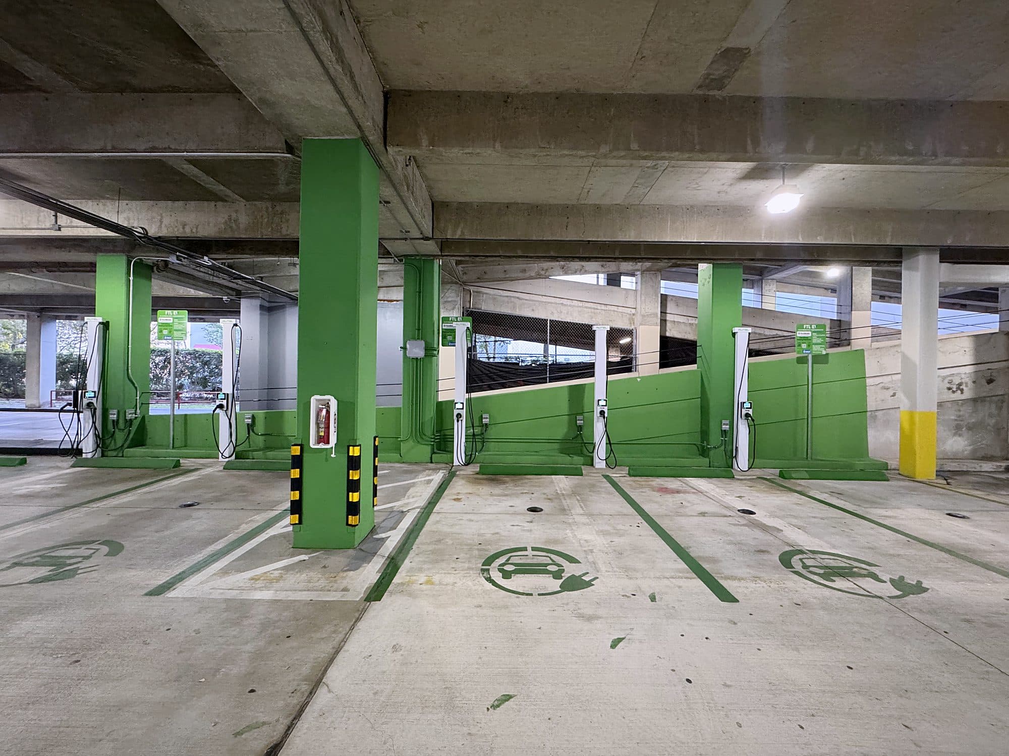 US Supercharge charging bays in a parking garage