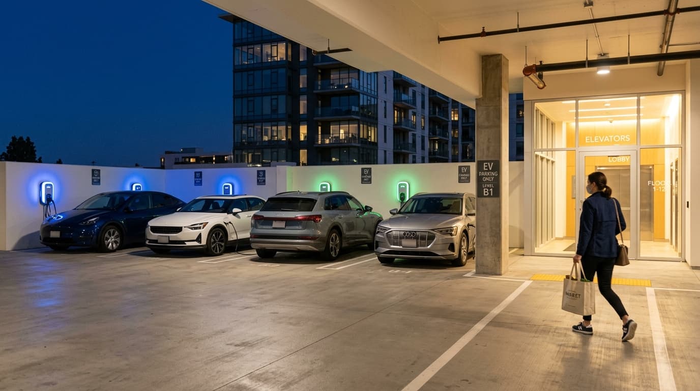 Luxury apartment community at dusk, EVs charging in resident parking