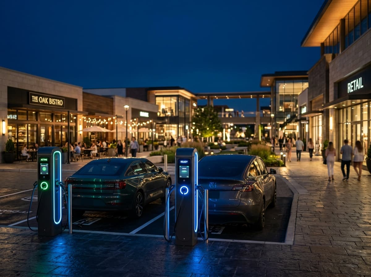 Retail and dining plaza with DC fast chargers in foreground