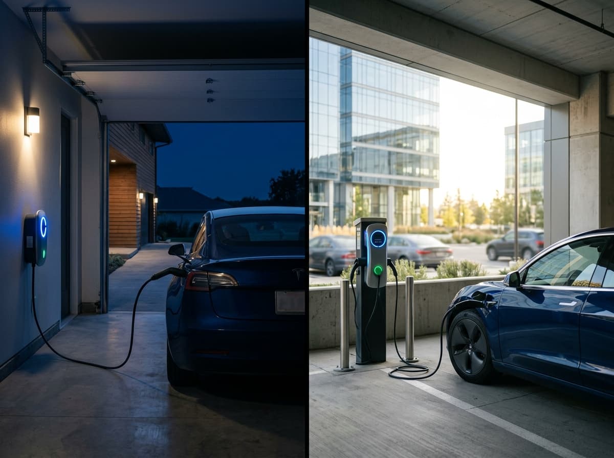 Split scene: EV charging at home garage and office garage, day and night