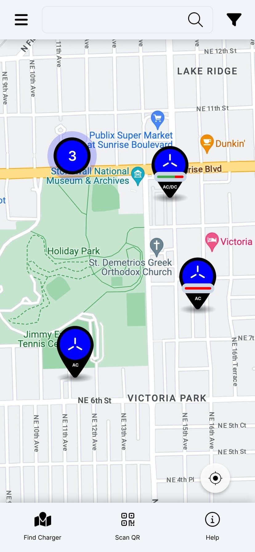 US Supercharge app map showing nearby stations in Fort Lauderdale